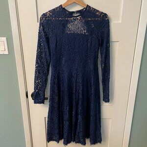 Whimsigoth Navy Blue Floral Lace A-Line Dress